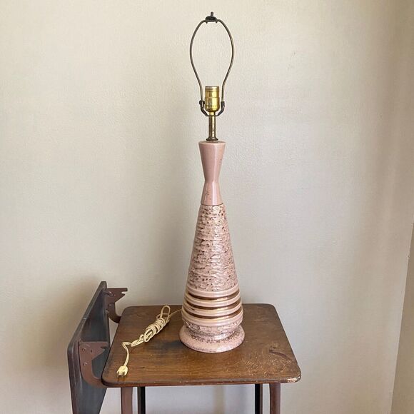 Vintage MCM Taper Tabletop Lamp Pink Gold Texture Atomic Ceramic 3 Setting WORKS